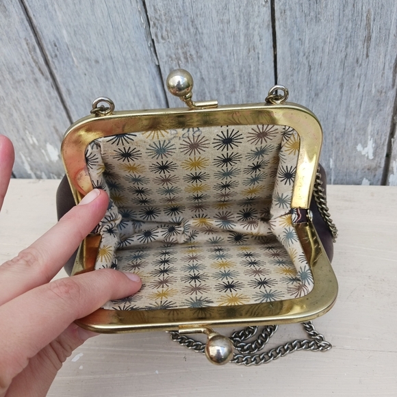 Vintage Brown Leather Gold Kiss Lock  Purse With Silver Chain Mini - Picture 5 of 10